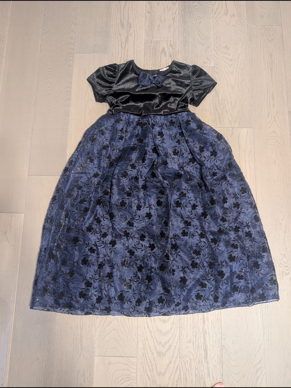 Girls Navy Blue Floral Velvet Top Empire Waistline Party Dress
